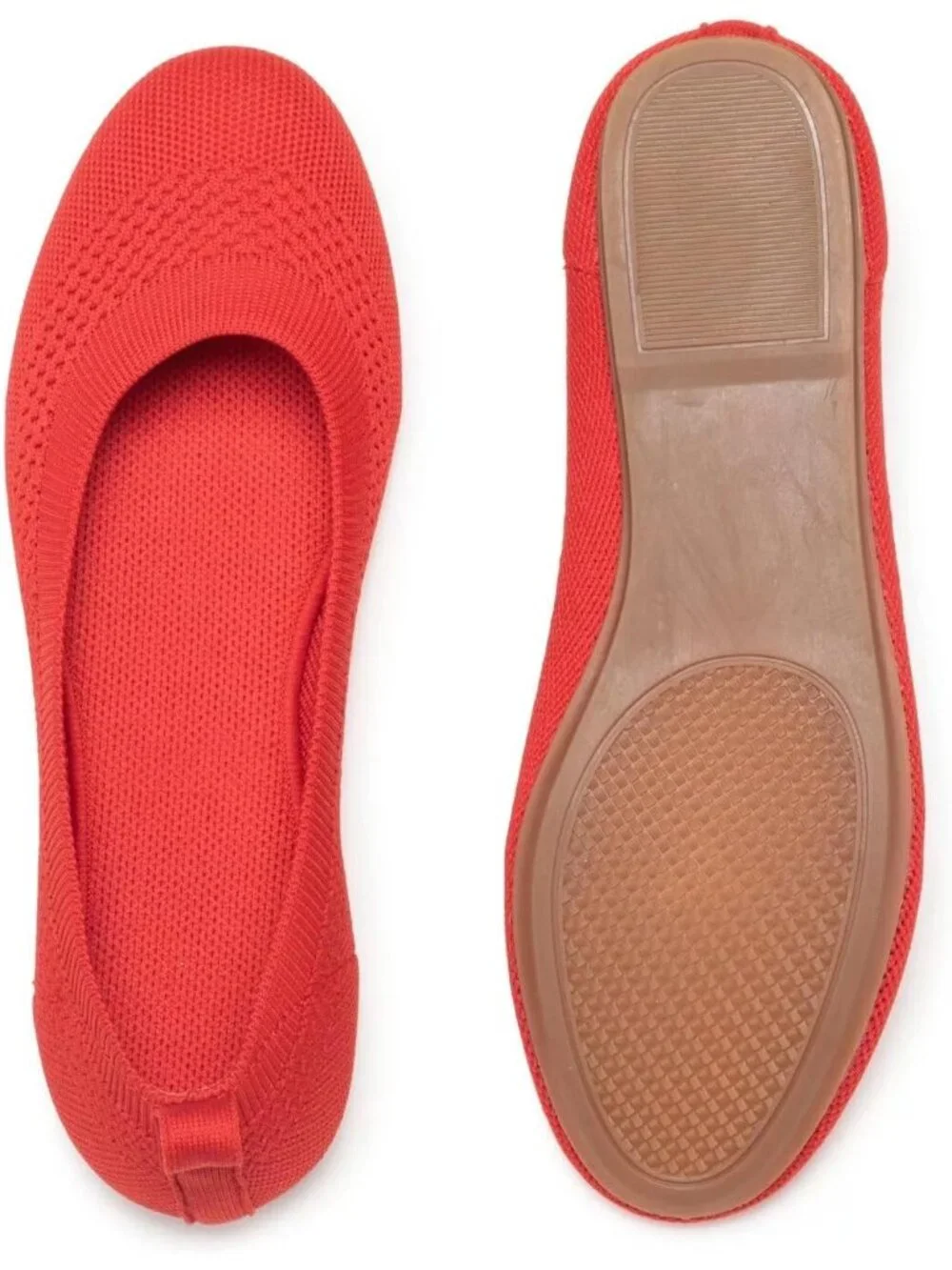 Women's Red Round Toe Knit Dress Low Wedge Slip On Ballerina Ballet Flat Shoes